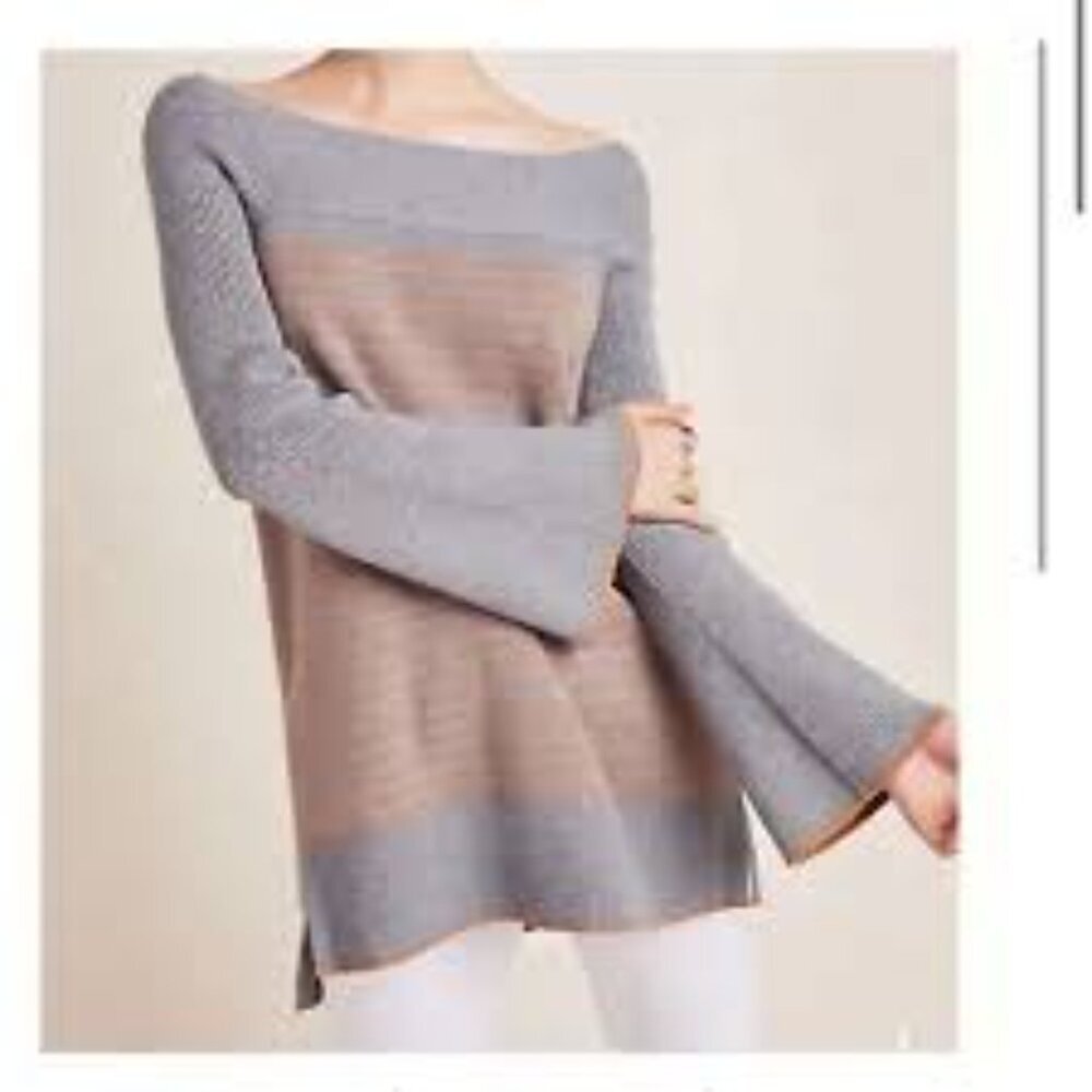✅ Anthropologie‎ Women's Grey Orange Off-Shoulder Sweater Size SMALL